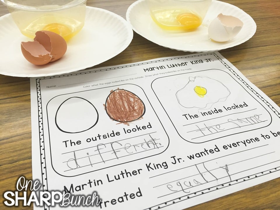 FREE Martin Luther King Jr. activities to teach your Kindergarten students about equality! This MLK Jr. egg activity provides a great visual of being different on the outside but the same on the inside! It’s the perfect Martin Luther King Jr. printable for kids!