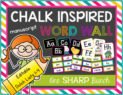 Add some spunk to your classroom decor with a chalk inspired word wall! Includes dolch lists 1-4, color and number words, plus an EDITABLE page and color coded words for easy identification! Printer friendly option also available!