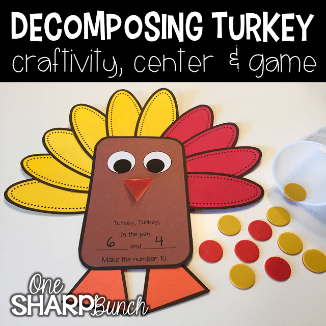 Build number sense with this interactive and thematic Decomposing Turkey! Spill the cup of counters and practice decomposing 5 or 10. Gather the correct number of feathers and place them aroudn the turkey. Then, sing the fun, little chant!