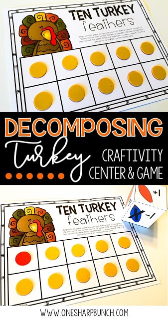 Build number sense with these interactive and thematic Decomposing Turkey activities! Gather the correct number of red and yellow feathers and place them around the turkey craft. Don’t forget to sing the fun chant!