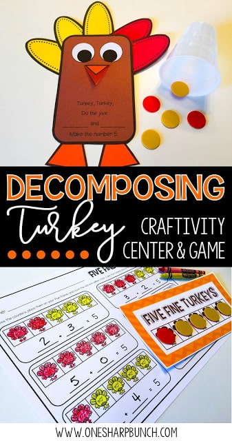 Build number sense with these interactive and thematic Decomposing Turkey activities! Gather the correct number of red and yellow feathers and place them around the turkey craft. Don’t forget to sing the fun chant!