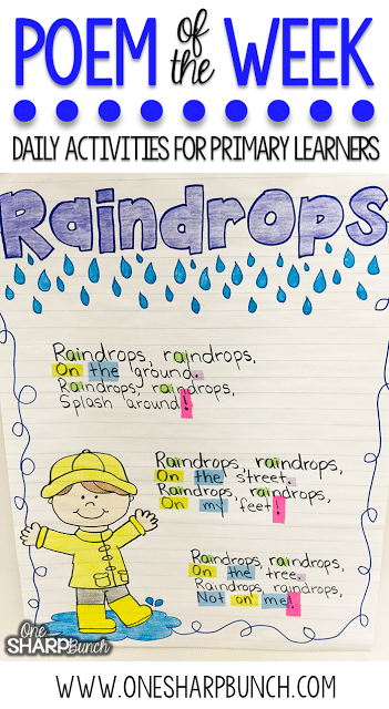 This rain poem is the perfect way to incorporate poetry activities into your daily lessons this spring! By using a poem of the week, you help build reading fluency, phonics and phonemic awareness skills, comprehension, concepts of print and more! Don’t forget to check out the great poetry writing prompt perfect for creating a copycat poem!