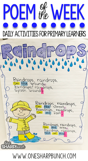 This rain poem is the perfect way to incorporate poetry activities into your daily lessons this spring! By using a poem of the week, you help build reading fluency, phonics and phonemic awareness skills, comprehension, concepts of print and more! Don’t forget to check out the great poetry writing prompt perfect for creating a copycat poem!