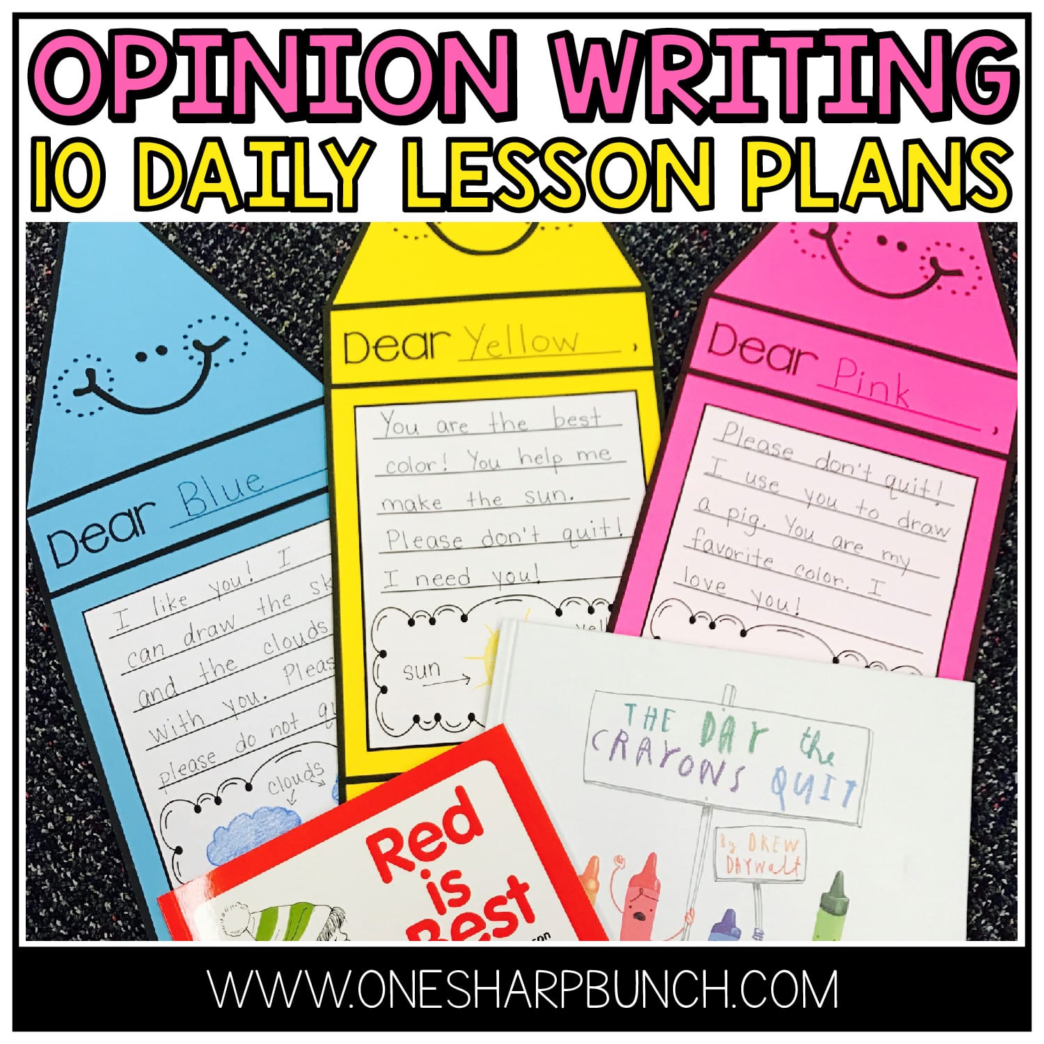 Launch your opinion writing unit with these 10 daily opinion writing lesson plans, including opinion writing anchor chart, opinion writing graphic organizers, opinion writing prompts and The Day the Crayons Quit opinion writing craft! Create a The Day the Crayons Quit bulletin board display with the adorable crayon craft! These The Day the Crayons Quit activities are perfect for introducing opinion writing in kindergarten, first grade and second grade!
