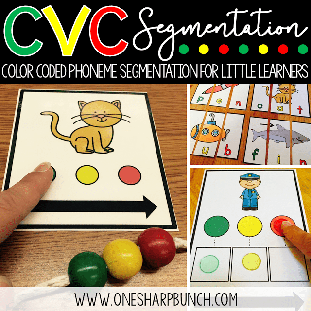 Phoneme segmentation & blending made easy with these tips and tricks for small group instruction! These are the perfect phonemic awareness activities for your guided reading lessons or literacy centers! Check out this color coded trick for teaching directionality and segmenting with CVC words!