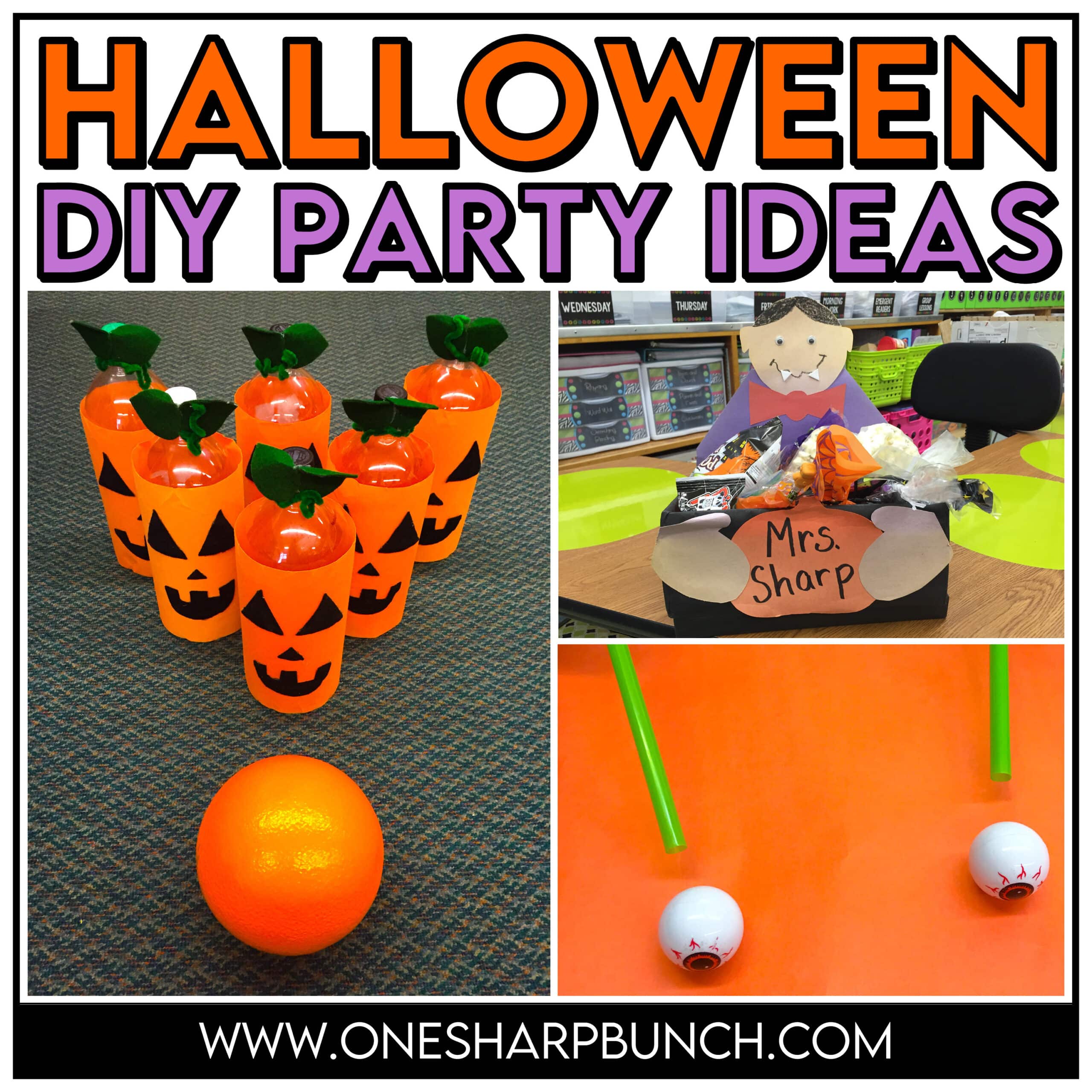 Simple DIY Halloween party ideas for the classroom, including Halloween games, Halloween crafts and Halloween food ideas! Whether you are a seasoned teacher, first year teacher or seasoned room mom, keep your little goblins engaged and your classroom Halloween party well-managed! Don’t forget to check out the vampire Halloween candy boxes, the perfect Halloween treat bag for all of your Halloween treats!