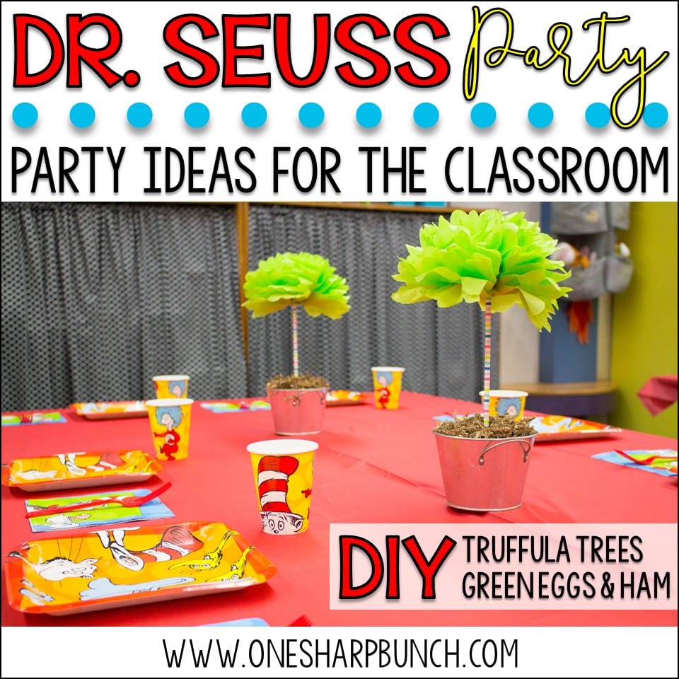 Dr. Seuss birthday party ideas for the classroom, including DIY truffula trees and green eggs and ham pretzels – perfect for your Dr. Seuss classroom activities and Read Across America week!