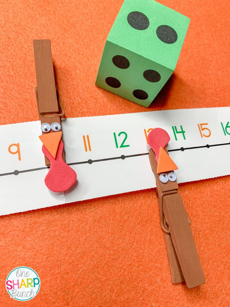 Use a number line with these turkey math activities to help build number sense, as well as develop gross and fine motor skills, this fall! These turkey games are perfect for your preschool, pre-k, kindergarten and 1st grade Thanksgiving party. Instant engagement with these Thanksgiving games!