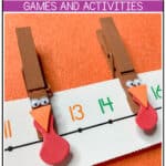 Get those little turkeys up and moving, as you build number sense and develop gross and fine motor skills, with these engaging turkey math activities using a number line! These turkey games are perfect for your preschool, pre-k, kindergarten and 1st grade Thanksgiving party this fall. Instant engagement with these Thanksgiving games! #thanksgiving #turkeygames #turkeymath #thanksgivinggames #fall #fallactivities #turkeyactivities #thanksgivingactivities #thanksgivingparty