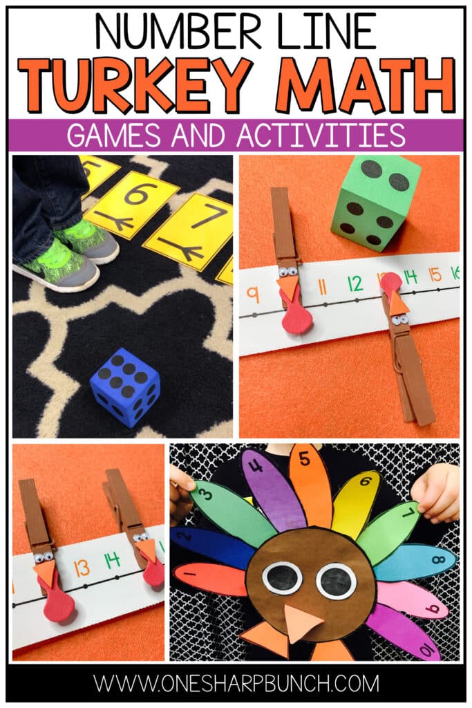 Get those little turkeys up and moving, as you build number sense and develop gross and fine motor skills, with these engaging turkey math activities using a number line! These turkey games are perfect for your preschool, pre-k, kindergarten and 1st grade Thanksgiving party this fall. Instant engagement with these Thanksgiving games! #thanksgiving #turkeygames #turkeymath #thanksgivinggames #fall #fallactivities #turkeyactivities #thanksgivingactivities #thanksgivingparty