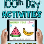Easily plan a fun and engaging virtual 100th Day of School with these digital 100th Day of School activities for Kindergarten and First Grade! These virtual 100th Day activities are no prep, so they can be completed during remote instruction, as well as in-person learning. To help target academic skills, these 100th Day ideas integrate reading, writing and math. Plus, there are fun 100th Day games and a 100th Day directed drawing! #100thday #100thdayofschool #100thdayactivities #virtual100thday #virtual100thdayofschool