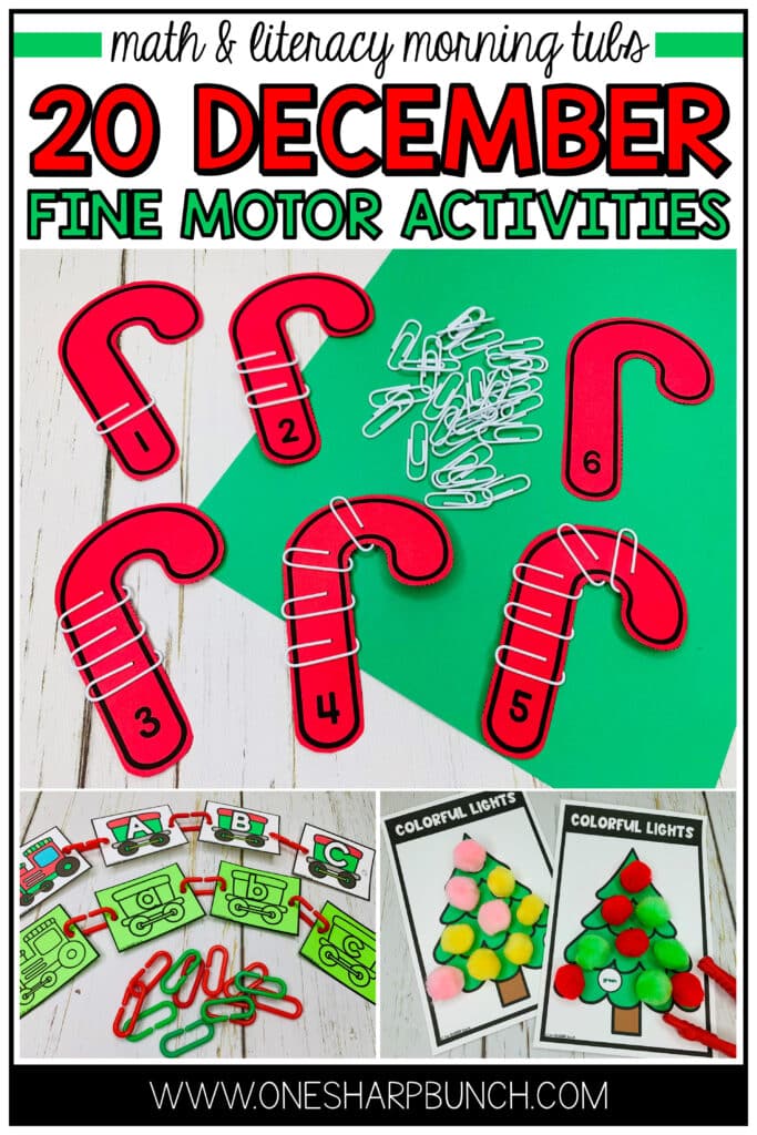 Strengthen fine motor skills with fine motor morning tubs! These 20 December fine motor activities also work well for math or literacy centers and use common Preschool and Kindergarten classroom supplies. Make your mornings a little less hectic with these Christmas fine motor activities!