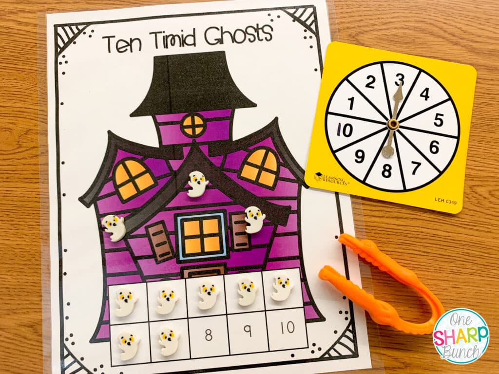 These Ten Timid Ghosts math freebies are perfect for building number sense, subitizing and decomposing ten in preschool, Kindergarten or 1st grade! Use these FREE Halloween activities in your morning work tubs, math stations, or whole and small group instruction. Read this Halloween book during your classroom Halloween party, to help keep things low key and learning-filled!