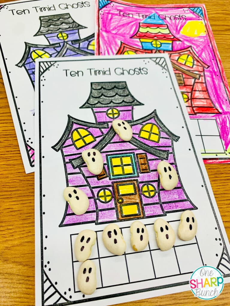 These Ten Timid Ghosts math freebies are perfect for building number sense, subitizing and decomposing ten in preschool, Kindergarten or 1st grade! Use these FREE Halloween activities in your morning work tubs, math stations, or whole and small group instruction. Read this Halloween book during your classroom Halloween party, to help keep things low key and learning-filled!