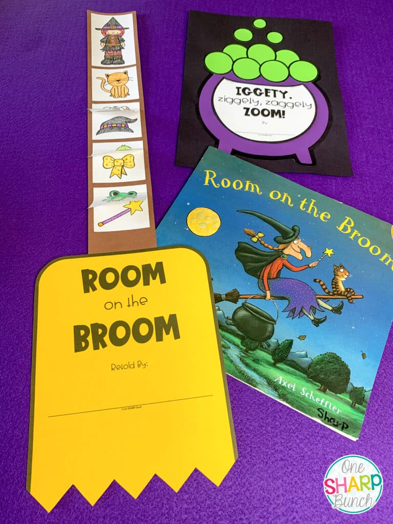 Make room for these Room on the Broom activities, crafts and centers for preschool, kindergarten and first grade! This Room on the Broom sequencing craft helps students retell the events in the story. Plus, this Halloween book lends itself well to identifying character traits, determining cause and effect and recognizing rhyming words. Enjoy a Room on the Broom filled classroom Halloween Party with these Halloween crafts and activities for kids!