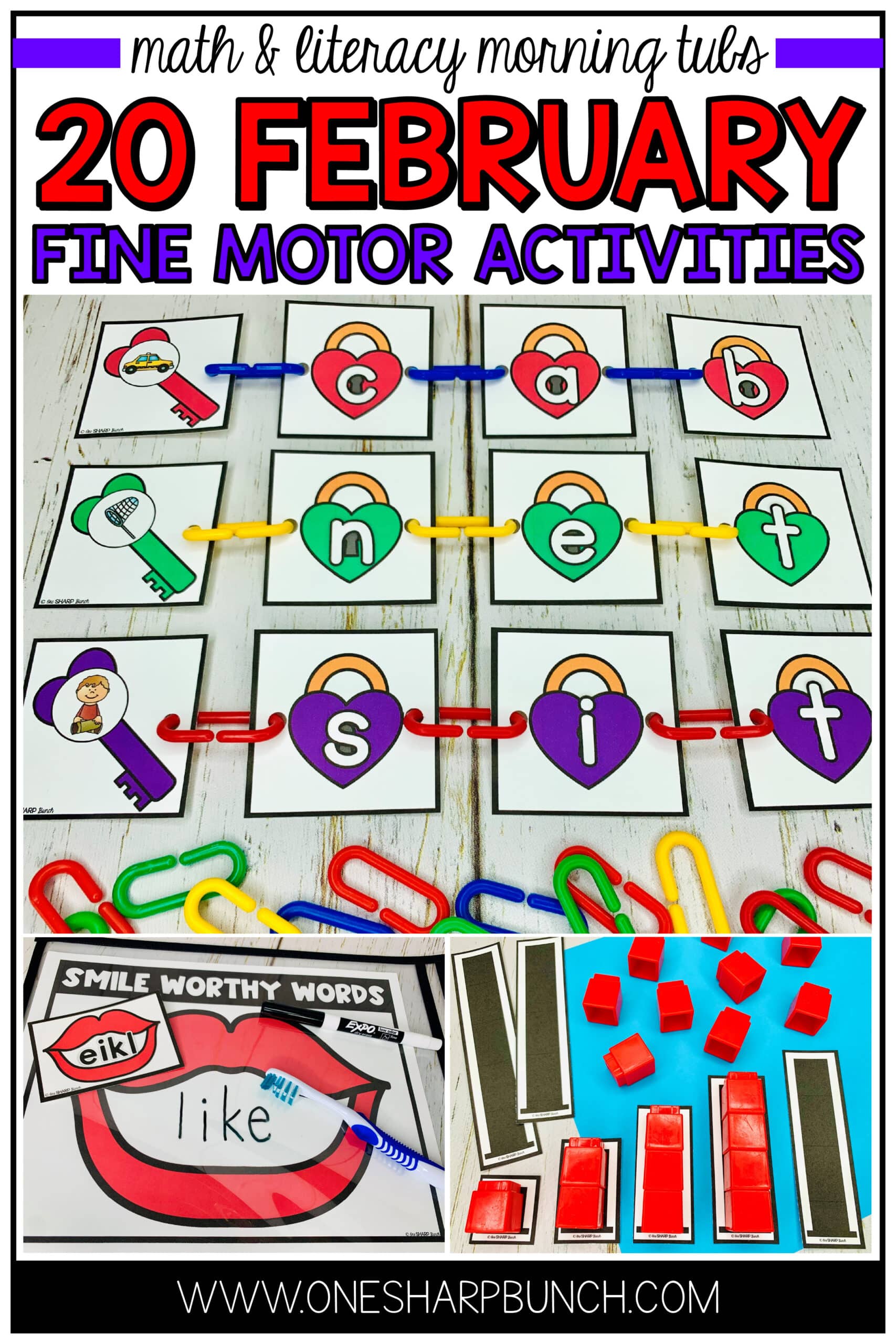 Strengthen fine motor skills with fine motor morning tubs! These 20 February fine motor activities also work well for math or literacy centers and use common Preschool and Kindergarten classroom supplies. Make your mornings a little less hectic with these Valentine’s Day fine motor activities, President’s Day fine motor activities, Groundhog Day fine motor activities and dental health fine motor activities!