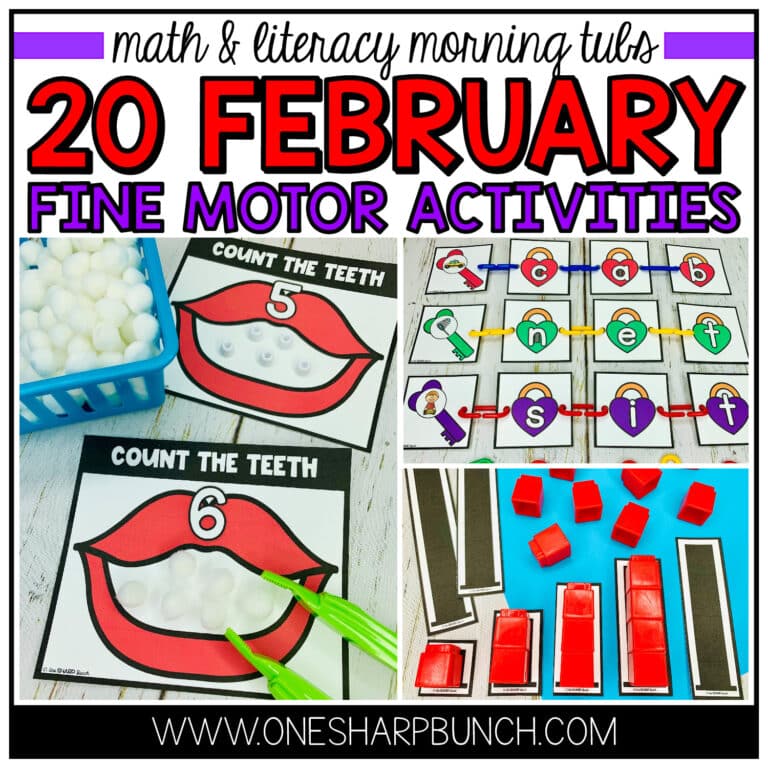 Strengthen fine motor skills with fine motor morning tubs! These 20 February fine motor activities also work well for math or literacy centers and use common Preschool and Kindergarten classroom supplies. Make your mornings a little less hectic with these Valentine’s Day fine motor activities, President’s Day fine motor activities, Groundhog Day fine motor activities and dental health fine motor activities!