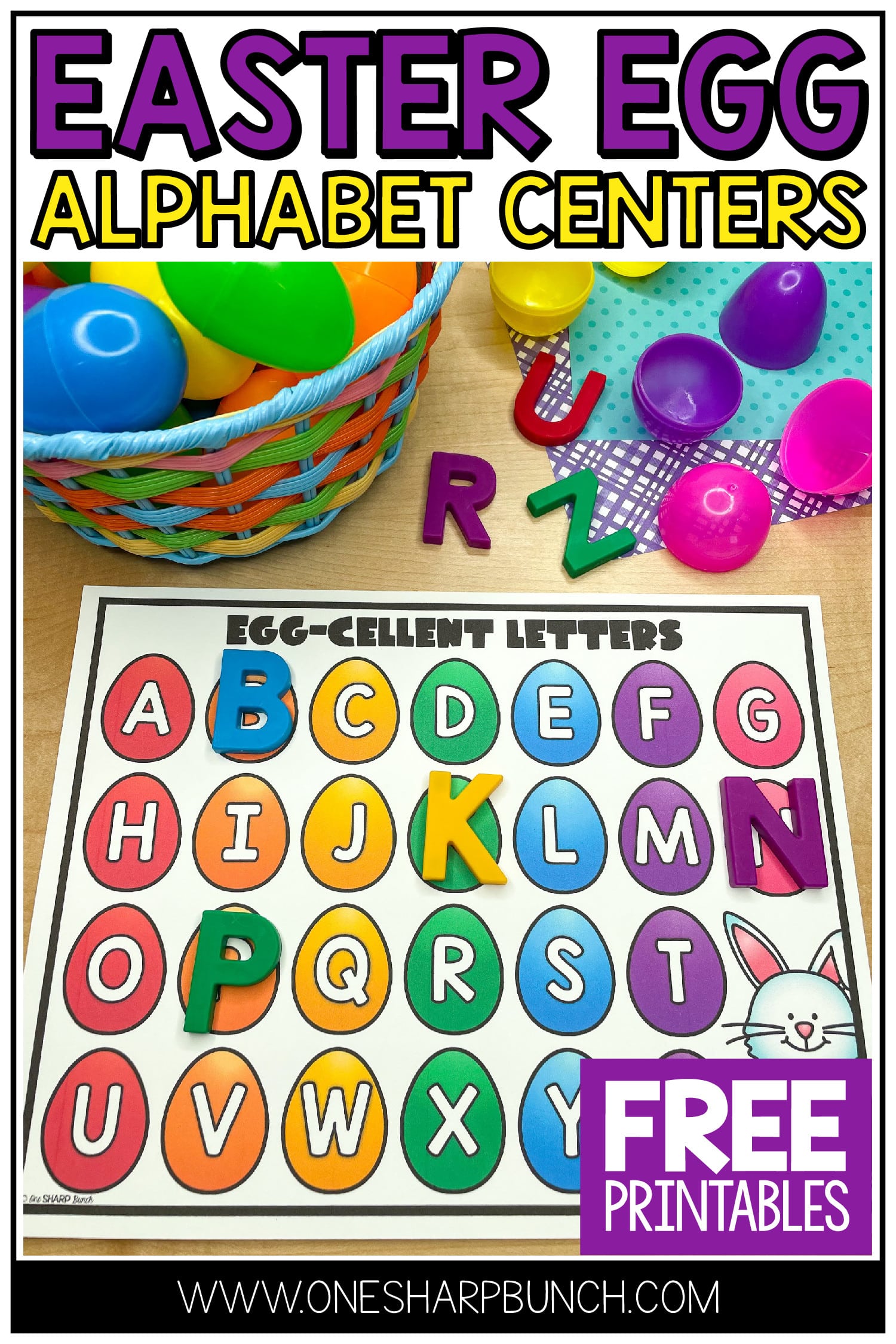 Don't fill those plastic Easter eggs with candy! Instead, fill them with magnetic letters and use them for alphabet activities! These FREE Easter egg alphabet centers are sure to add just enough magic to keep your preschool and kindergarten students engaged, without them realizing they are actually practicing letter recognition! Perfect for your literacy centers and magnetic letter activities! #preschool #kindergarten #alphabetactivities #teacher #easter #magneticletters #literacycenters
