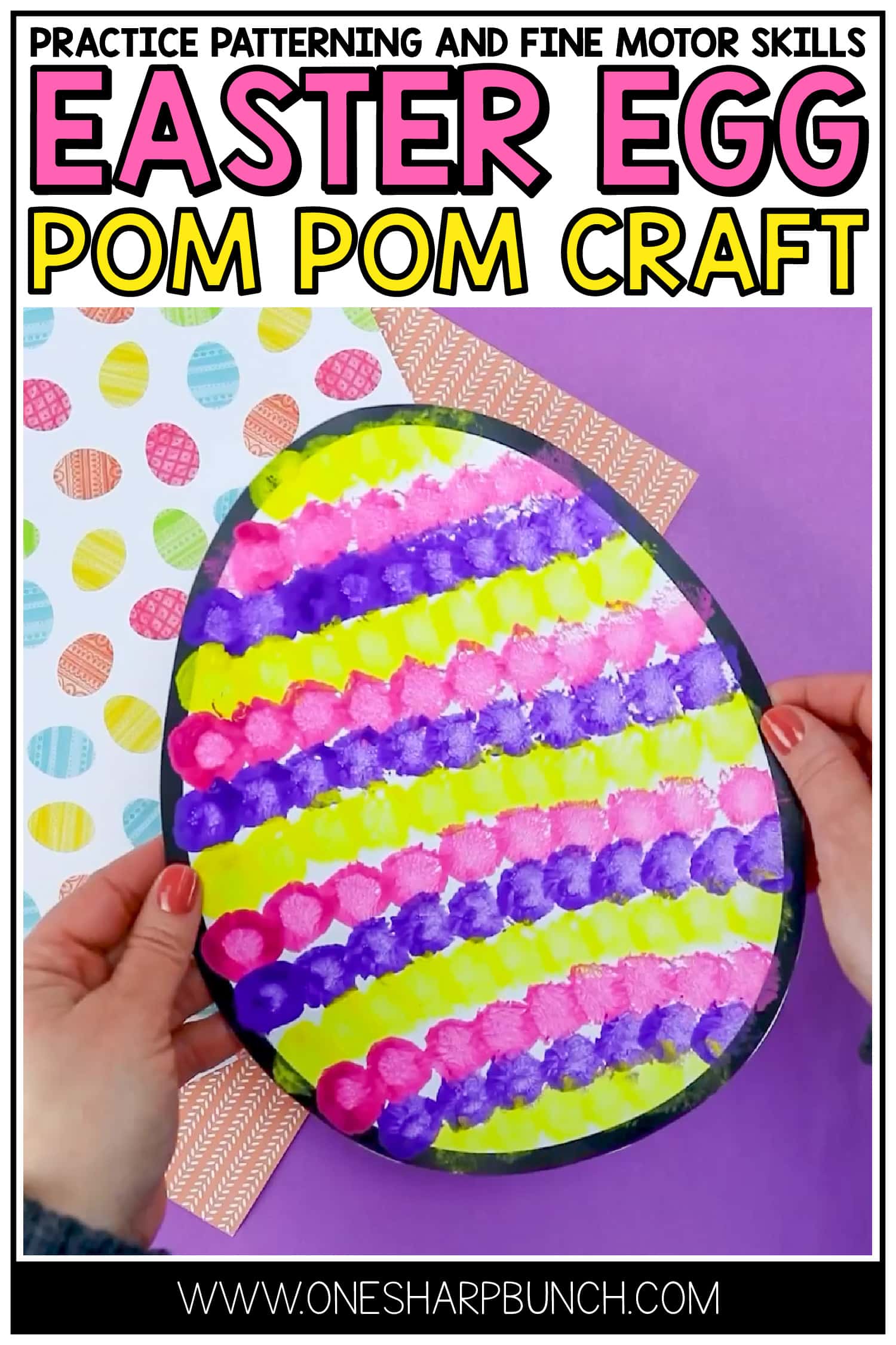 Celebrate spring with these bright and colorful eggs! Invite your preschool and kindergarten students to practice making patterns with this pom pom painted Easter egg craft. Not only is this colorful egg craft perfect for creating patterns, it is also perfect for building fine motor skills! It’s one of the best spring crafts for kids, especially since each one turns out beautifully unique! #finemotorskills #kindergarten #preschool #craftsforkids #kidscrafts #teacher #springcrafts #easter