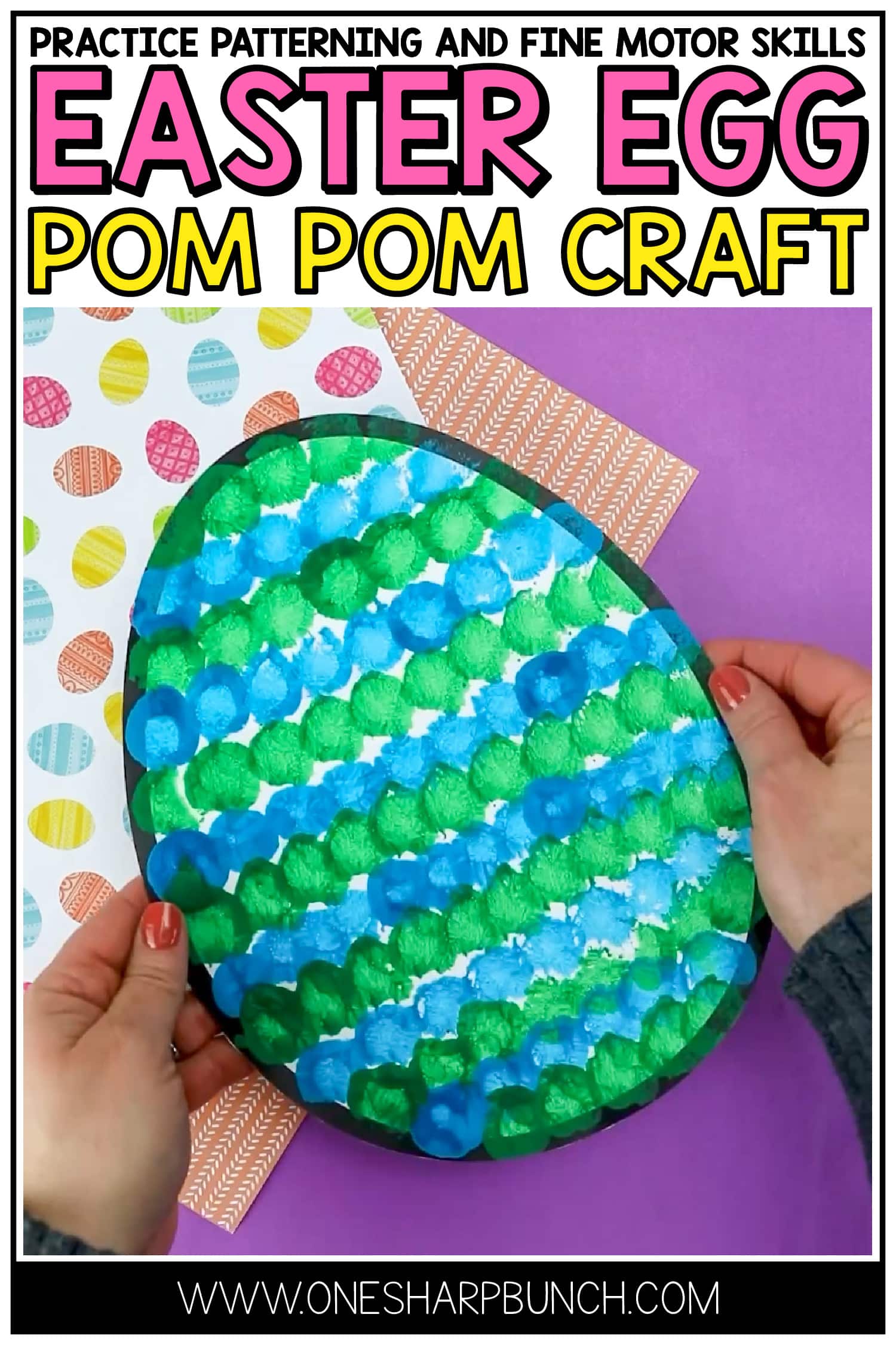 Celebrate spring with these bright and colorful eggs! Invite your preschool and kindergarten students to practice making patterns with this pom pom painted Easter egg craft. Not only is this colorful egg craft perfect for creating patterns, it is also perfect for building fine motor skills! It’s one of the best spring crafts for kids, especially since each one turns out beautifully unique! #finemotorskills #kindergarten #preschool #craftsforkids #kidscrafts #teacher #springcrafts #easter