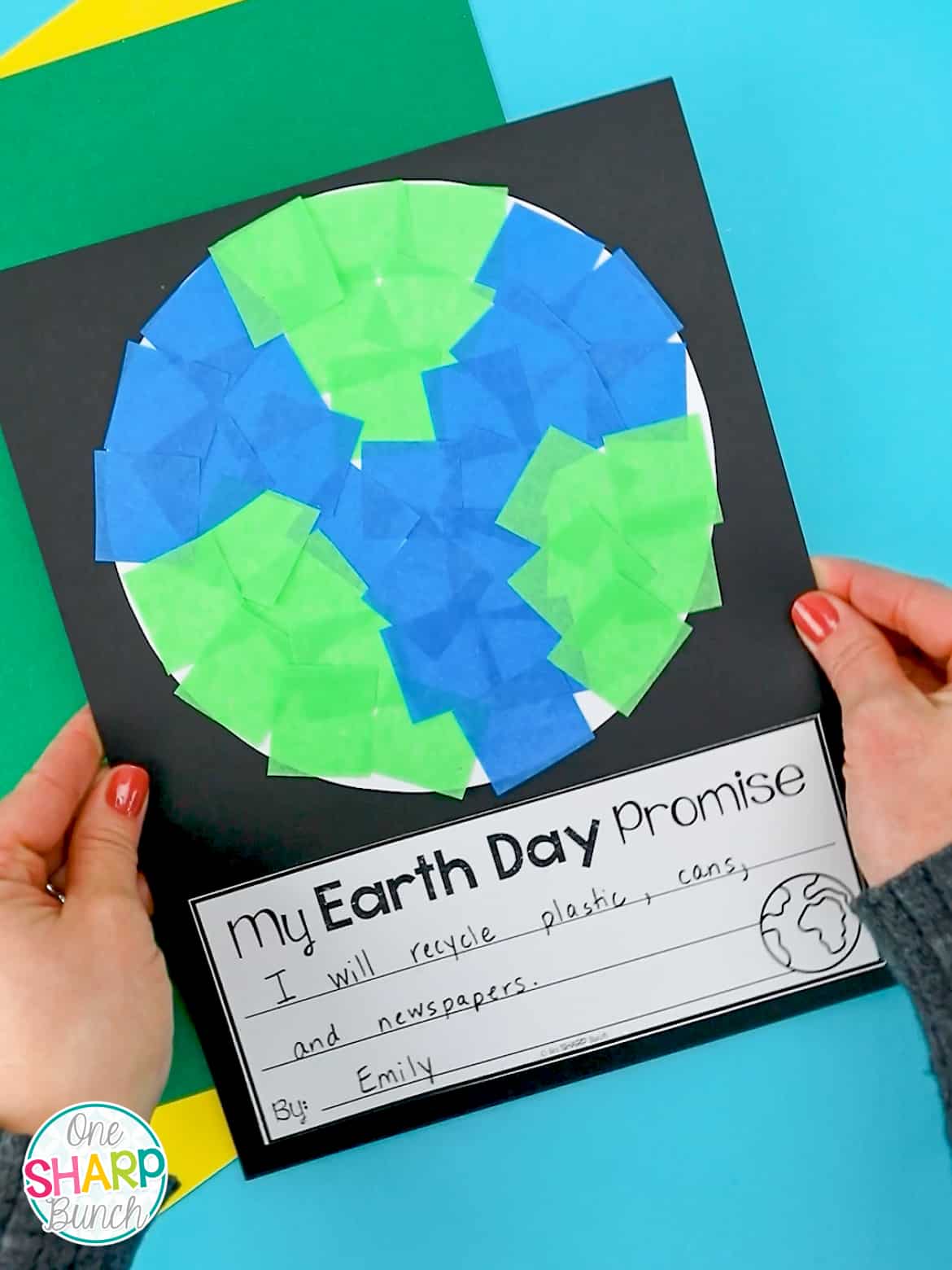 Pair this tissue paper Earth Day craft mosaic for kids with your favorite Earth Day books and Earth Day activities! This Earth craft is simple enough for kindergarten, and even, preschool students. Add an "Earth Day Promise" to the craft with the FREE writing prompt! #preschool #kindergarten #firstgrade #earthday #craftsforkids #kidscrafts #teachers #springactivities #teacher