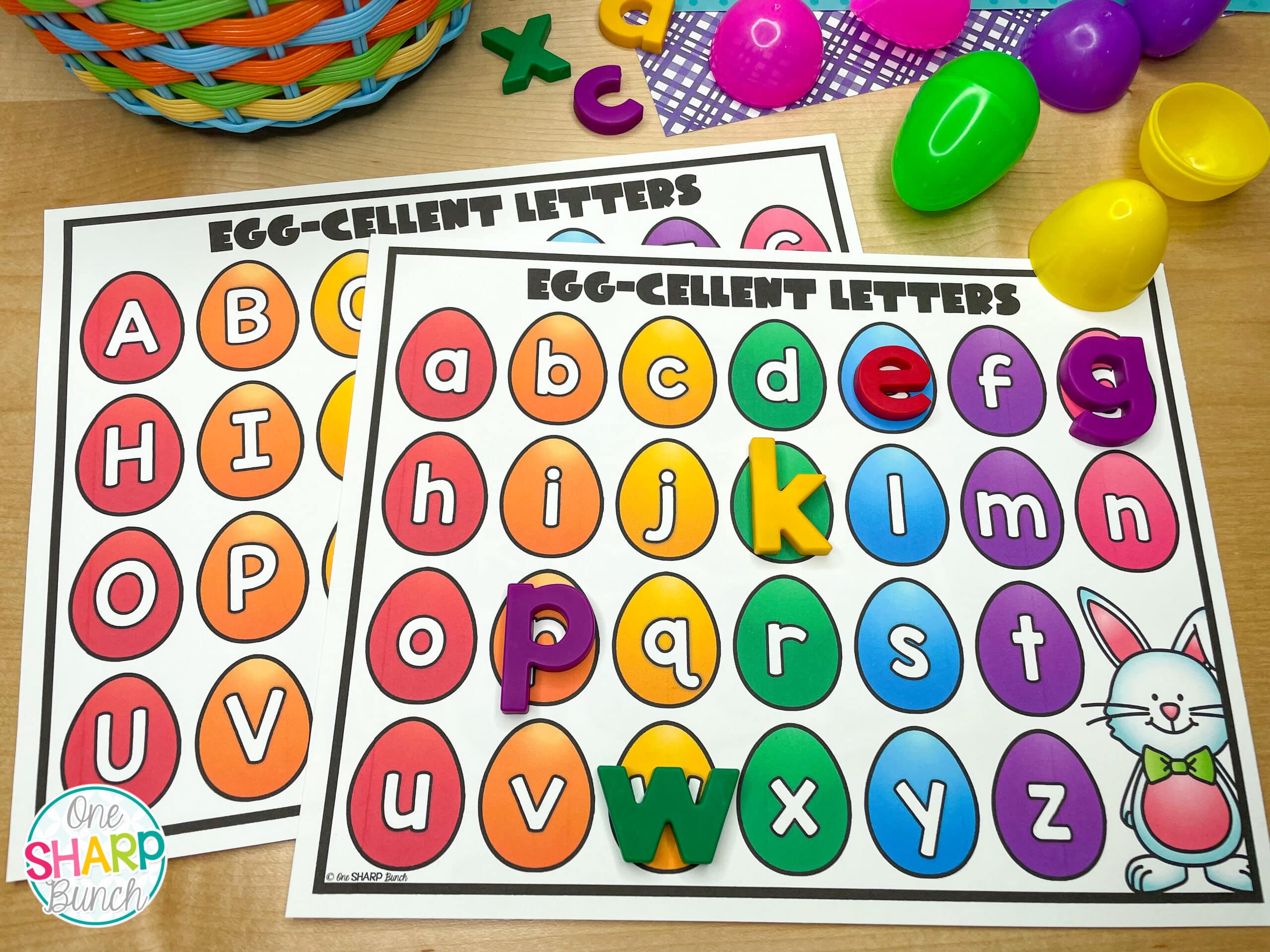 Don't fill those plastic Easter eggs with candy! Instead, fill them with magnetic letters and use them for alphabet activities! These FREE Easter egg alphabet centers are sure to add just enough magic to keep your preschool and kindergarten students engaged, without them realizing they are actually practicing letter recognition! Perfect for your literacy centers and magnetic letter activities! #preschool #kindergarten #alphabetactivities #teacher #easter #magneticletters #literacycenters