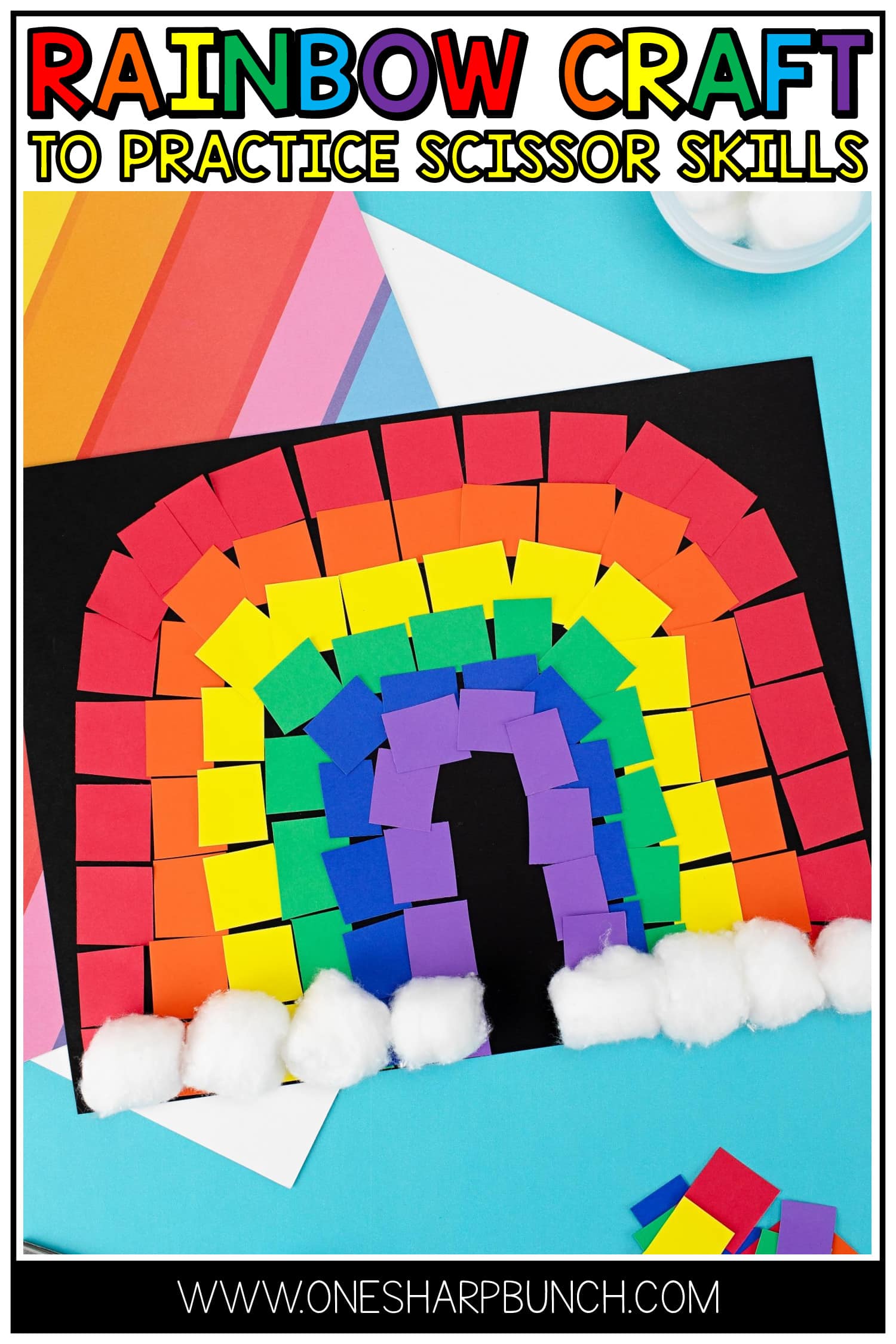 This is one of the best rainbow crafts for kids! It is fun, colorful and easy to make! Plus, your preschool and kindergarten students can practice their scissor skills and strengthen their fine motor skills as they snip each color into smaller pieces. It’s one of the perfect spring crafts for kids… especially as an addition to your St. Patrick’s Day crafts and St. Patrick’s Day activities!