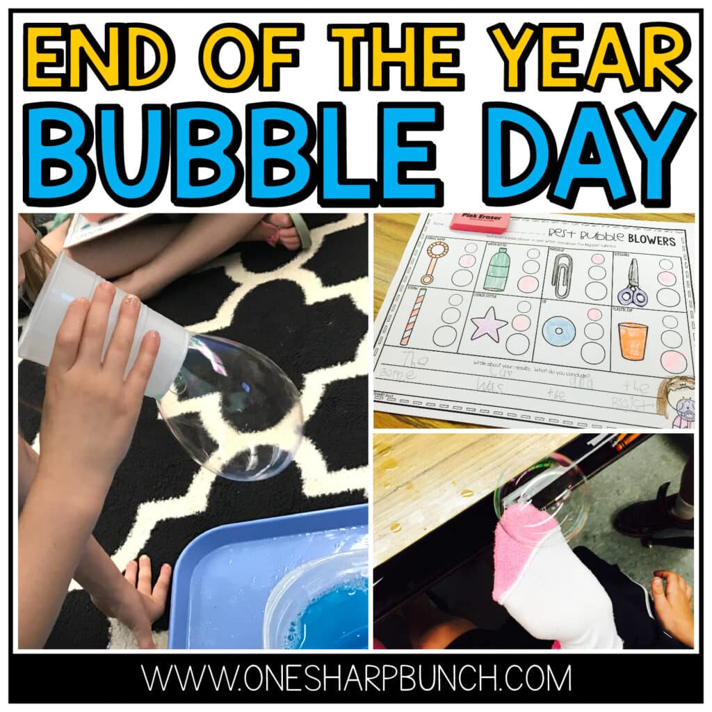 Bubble Day is always a class favorite in our balloon pop end of the year countdown! On this end of the year theme day, the students mix a homemade bubble solution recipe for bouncing bubbles on their hand, determine the best bubble blower, compare the anatomy of a bubble to an Oreo and make a bubble wand. These end of the year Bubble Day activities for kindergarten, 1st grade and 2nd grade are sure to pique their interest, especially during the anticipation of the end of the school year!