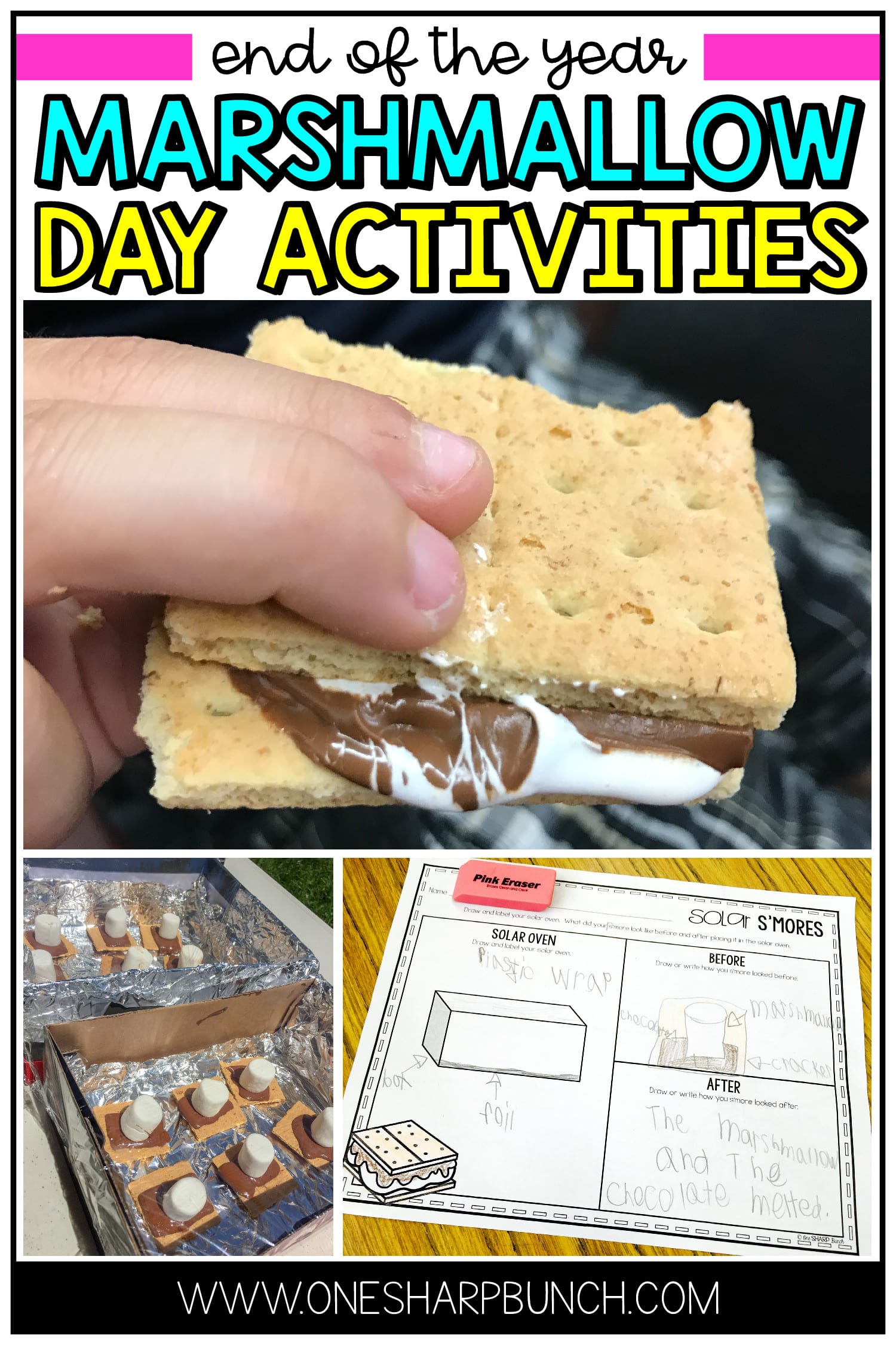 Celebrate the school year with these Marshmallow Day end of the year activities! Use these hands-on math and literacy activities to review skills and explore science concepts, during your end of the year countdown, end of the year theme days or end of the year party! Don’t forget to invite your preschool, kindergarten and 1st grade students to make solar s’mores, as you celebrate with these Camping Day activities! #endoftheyear #kindergarten #firstgrade #teacher #teachers #themedays #elementarty
