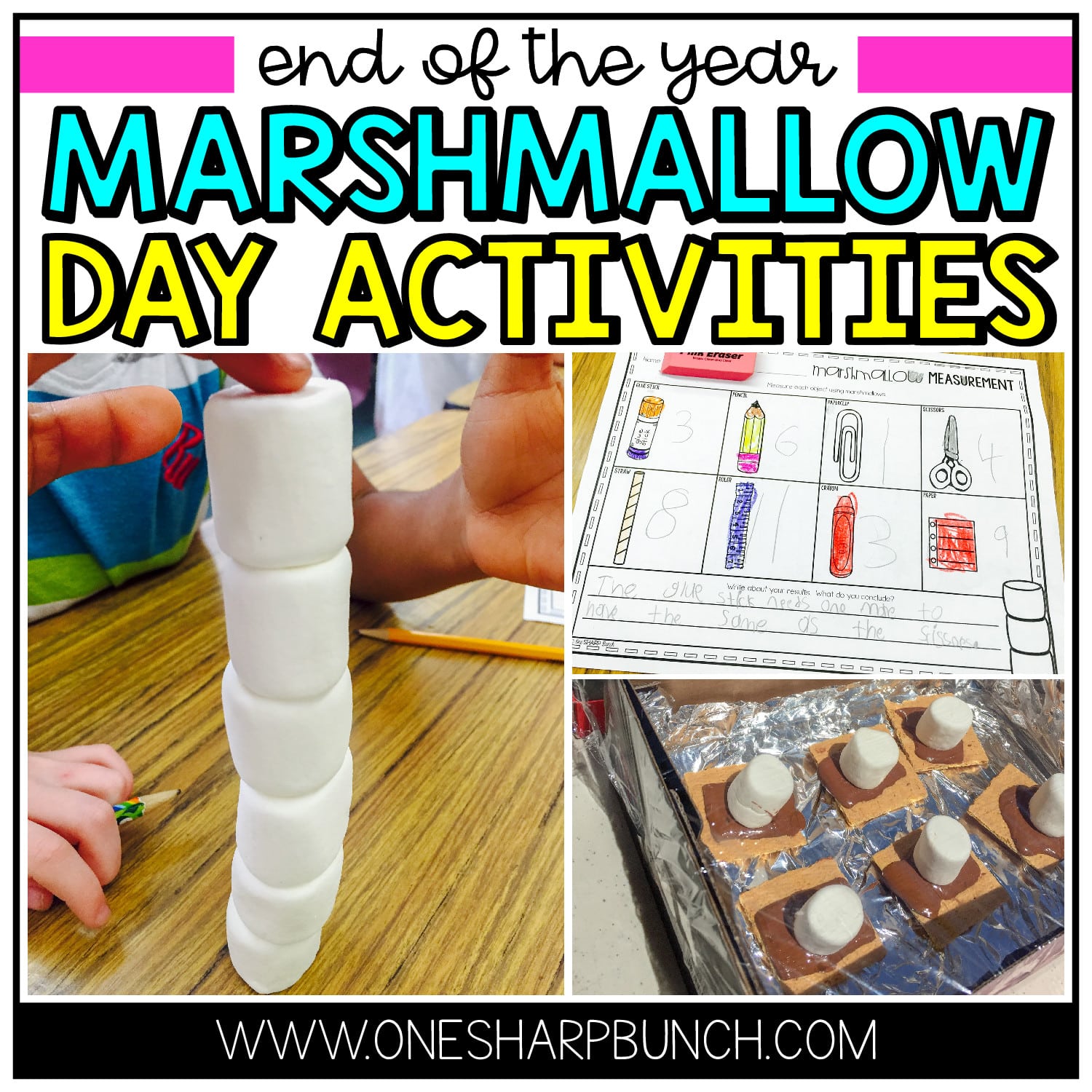 Celebrate the school year with these Marshmallow Day end of the year activities! Use these hands-on math and literacy activities to review skills and explore science concepts, during your end of the year countdown, end of the year theme days or end of the year party! Don’t forget to invite your preschool, kindergarten and 1st grade students to make solar s’mores, as you celebrate with these Camping Day activities! #endoftheyear #kindergarten #firstgrade #teacher #teachers #themedays #elementarty