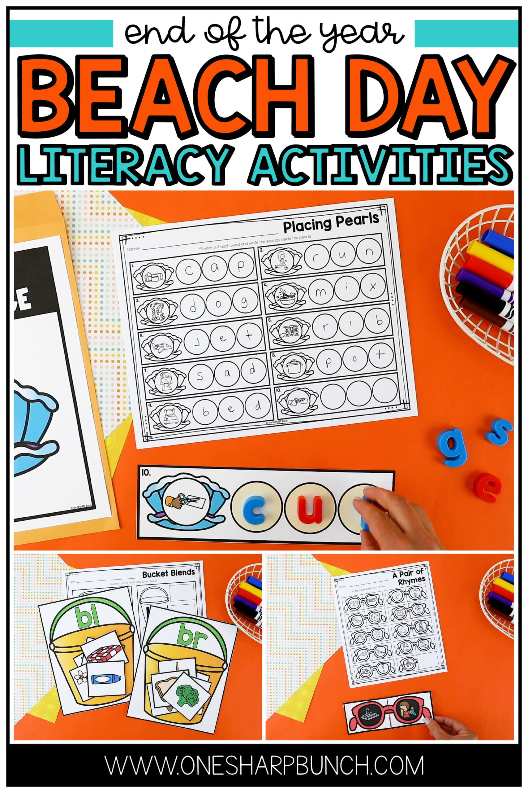 Looking for a fun way to countdown to the last day of school? A classroom beach day is a great way to celebrate the end of the school year while reviewing math skills and literacy skills. These beach day activities include a beach day escape room, beach math activities and literacy centers. Work on CVC words, beginning blends and rhyming words. You can also work on counting and place value. This is a great end of year classroom theme day!