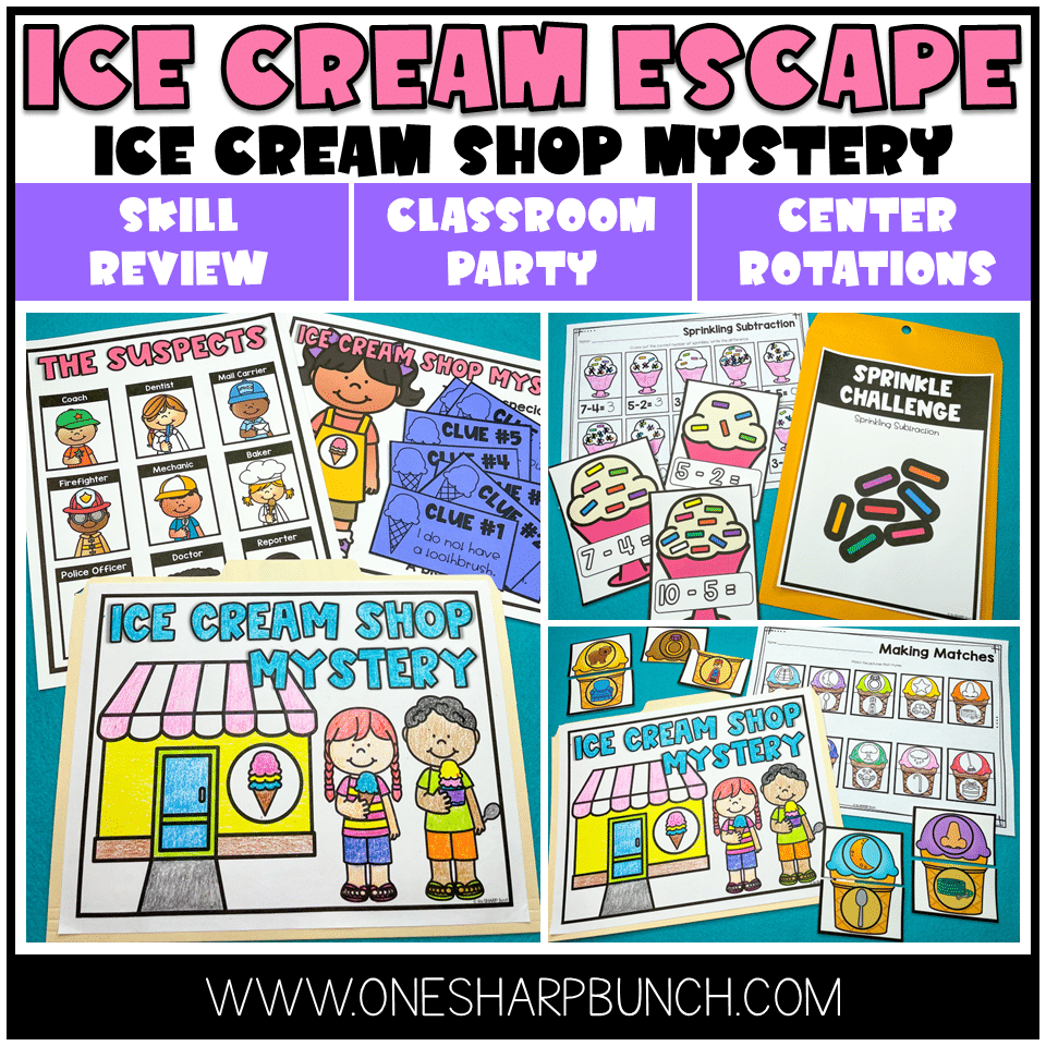 An ice cream day is the perfect way to countdown to the end of the year. Today, I am sharing my favorite ice cream day activities for kids. This classroom theme day allows early elementary students to work on math skills and literacy skills. Students get to work on an escape room, ice cream centers for beginning digraphs, rhyming words and CVC words. They also get to work on 1:1 counting and making patterns. Enjoy these end of year activities in your kindergarten and first grade classroom!