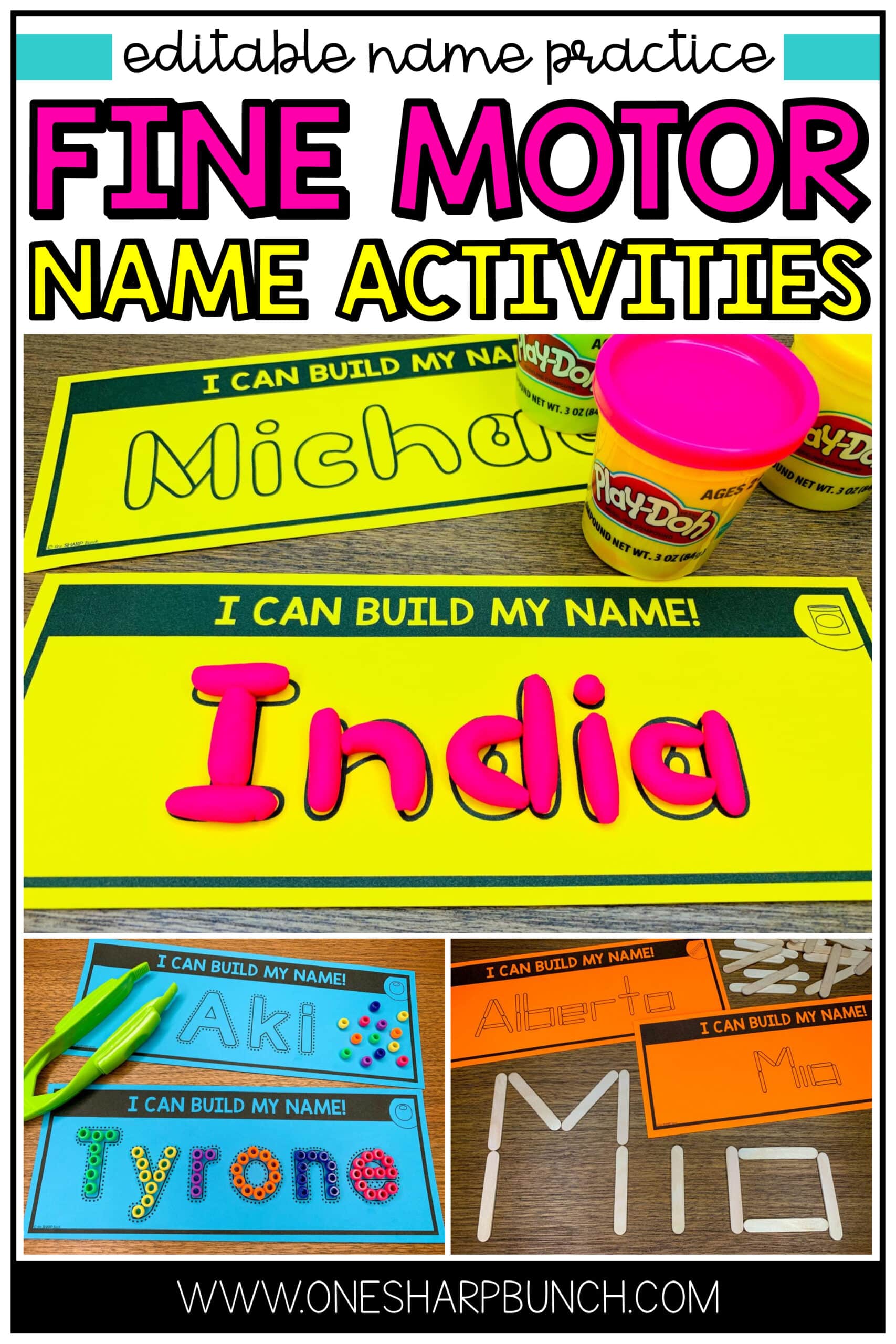 Looking for some fun name activities for your preschool or kindergarten classroom? These fine motor name activities are perfect for word work, fine motor tubs, literacy centers, early finishers or morning work. You can use these back to school activities with your favorite name books for kids. Download the editable name mats for name spelling practice. Students get to build letter recognition and sound recognition, as well as fine motor skills, with these fun name activities for kids!