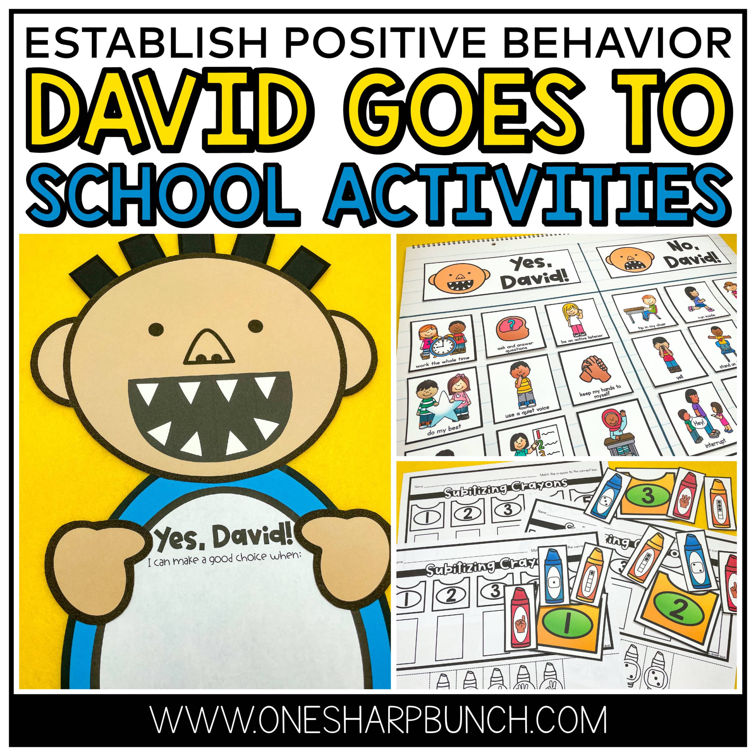 Review classroom rules and encourage positive behavior during the first week of back to school with these David Goes to School activities and craft for preschool, kindergarten and first grade! Perfect for a back to school bulletin board display! Plus, practice the alphabet, rhyming, counting, numbers, 2D shapes and more with the eight math and literacy activities and centers! Tackle classroom management, routines and procedures, as you turn those "No, David!" choices into "Yes, David!" choices!