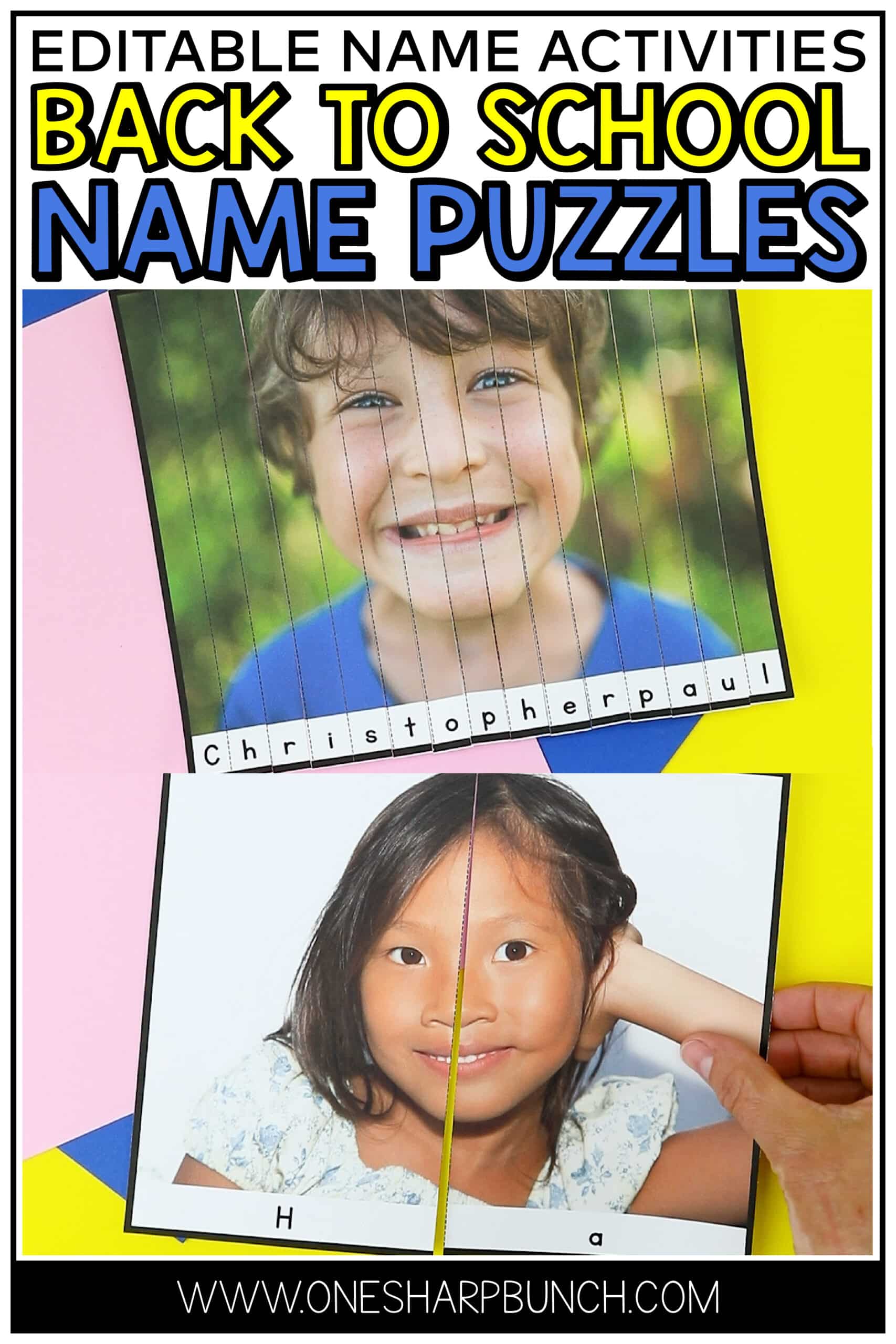 Name puzzles are a great way for preschool and kindergarten students to practice spelling, writing and recognizing their name! This name practice activity is perfect for back to school. Plus, creating these picture name puzzles is as easy as 1, 2, 3! Pair this name activity with your favorite picture name books. Rather than using name practice sheets, use these name puzzles to strengthen fine motor skills. This name activity for preschool is perfect for centers, morning work or early finishers!