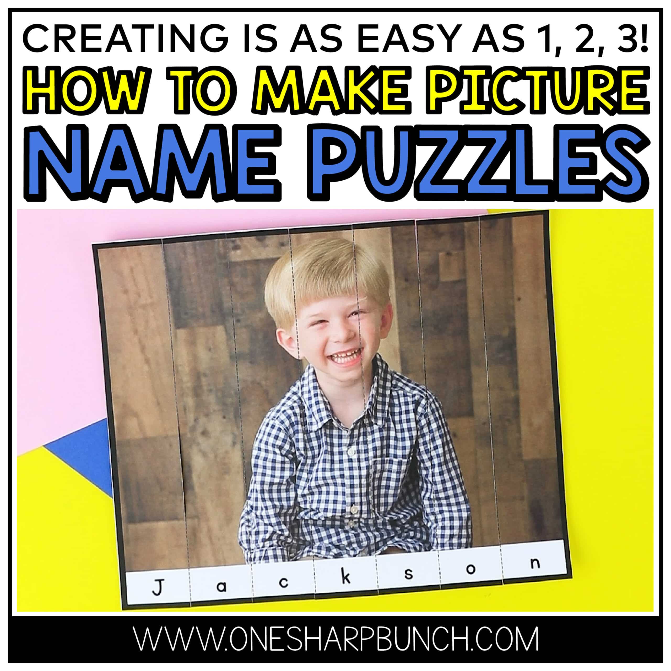 Name puzzles are a great way for preschool and kindergarten students to practice spelling, writing and recognizing their name! This name practice activity is perfect for back to school. Plus, creating these picture name puzzles is as easy as 1, 2, 3! Pair this name activity with your favorite picture name books. Rather than using name practice sheets, use these name puzzles to strengthen fine motor skills. This name activity for preschool is perfect for centers, morning work or early finishers!