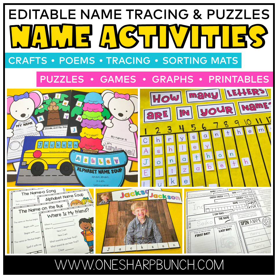 Discover a full list of name activities, including name puzzles, name crafts, name poems, name graphs and more! Students will practice fine motor skills, as well as tracing their name, with these name practice activities and name tracing mats. Plus, these name crafts make the perfect back to school bulletin boards. Students not only get to practice name writing and building their name, but they also practice math skills. Pair these name activities with any of your favorite name books for kids!