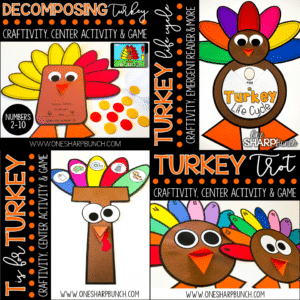 This Turkey crafts bundle is perfect for integrating a little science, math and literacy into your Thanksgiving unit, Thanksgiving activities, and Thanksgiving lessons! This turkey crafts bundle comes complete with all of the turkey craft templates, which can be printed directly on colored paper, turkey center activities and turkey games.