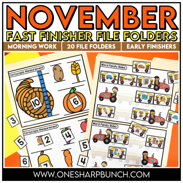 Engage your fast finishers with these 20 early finishers activities for November! This set includes 20 file folder games including 10 literacy and 10 math early finisher activities! These file folder games will provide meaningful practice and enrichment of a variety of skills!