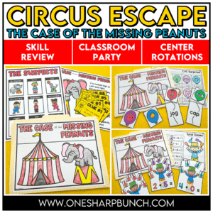 Celebrate the end of the year, as you review math and literacy skills, with these highly engaging circus theme centers! The Case of the Missing Peanuts End of the Year Escape Room involves 6 or 8 different challenges / circus theme centers to eliminate the suspects and discover who has stolen the peanuts!
