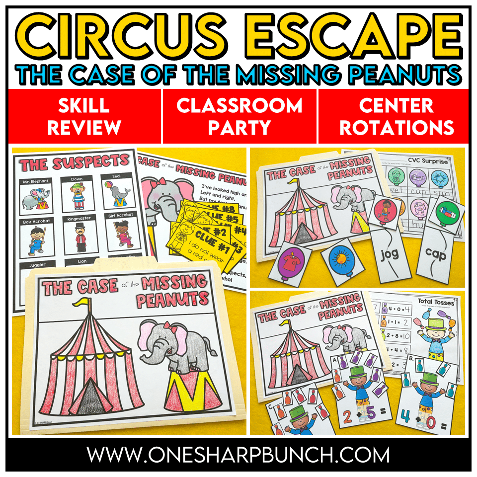 Celebrate the end of the year, as you review math and literacy skills, with these highly engaging circus theme centers! The Case of the Missing Peanuts End of the Year Escape Room involves 6 or 8 different challenges / circus theme centers to eliminate the suspects and discover who has stolen the peanuts!