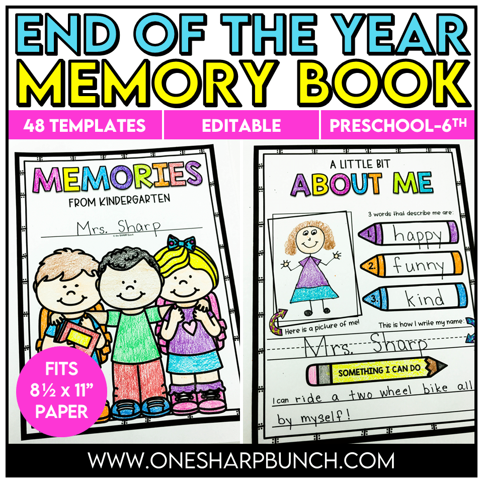 This end of the year memory book is the perfect way for your students to remember the school year! Plus, it makes a great memento to share with parents at the end of the year celebration. 48 template pages are included so that you can customize your end of the year memory book.