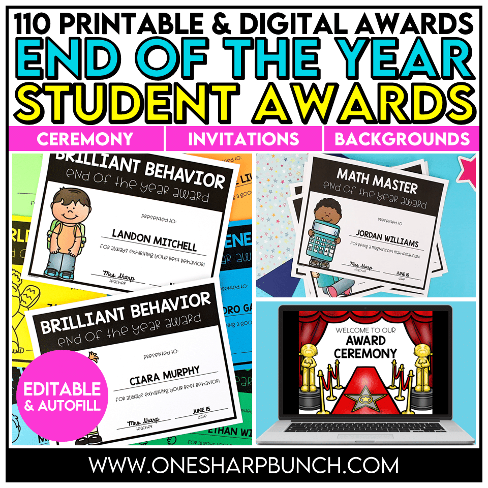 110 end of year awards and a digital awards ceremony are available in printable and digital formats. All fields, including student name, teacher name and date are fully editable! No need to handwrite these no prep student awards! These end of year awards and digital awards ceremony are the perfect way for you to celebrate your students and send them off to summer!