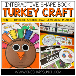 Learn all about turkeys with these 18 interactive turkey activities, adorable turkey craft and nonfiction text about turkeys! This file also includes EVERYTHING you need to teach your turkey unit... turkey life cycle anchor chart, life cycle emergent readers, life cycle pocket chart sentences, location of a turkey map, mood of turkey posters, diet of turkey plants and animals pocket chart sort, and picture vocabulary cards.