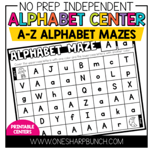 Use these letter hunt activities as a simple printable center! This alphabet center is designed to be a no prep, independent center that the students can play alone. Just print and play your alphabet mazes! That’s it! Plus, no colored ink is required!