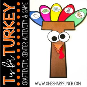 This T is for Turkey craft is perfect for integrating a little literacy into your Thanksgiving unit, Thanksgiving activities, and Thanksgiving lessons! It comes complete with all of the turkey craft templates (which can be printed directly on colored paper), center activity and game.