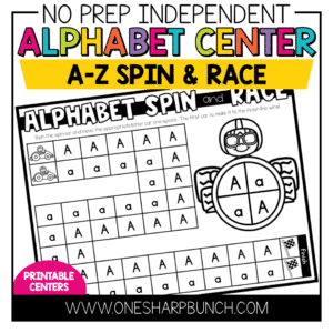 Use these spin and race alphabet activities as a simple printable center! This alphabet center is designed to be a no prep, independent center that the students can play alone. Students will be able to recognize and name all lower and uppercase letters in the alphabet after playing these highly engaging spin and race alphabet activities.