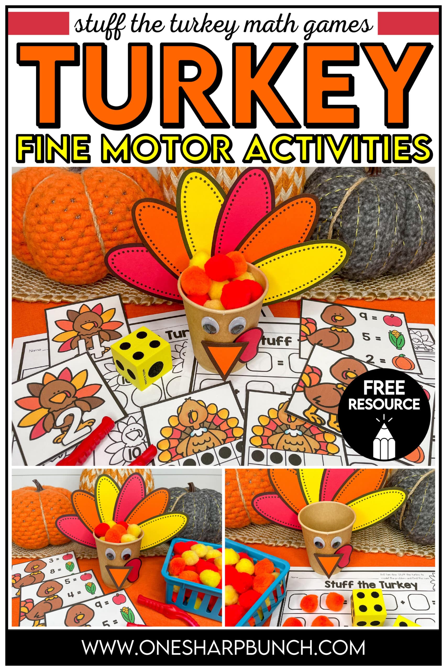 Add these stuff the turkey fine motor activities to your Thanksgiving math centers! These turkey math centers are great for practicing 1:1 counting, subitizing, adding, and making 10. Plus, strengthen fine motor skills, as you build number sense, with these stuff the turkey math games and fine motor activities for Thanksgiving. These turkey math activities can be played independently or with a partner during math workshop, morning work, or as an early finishers activity!