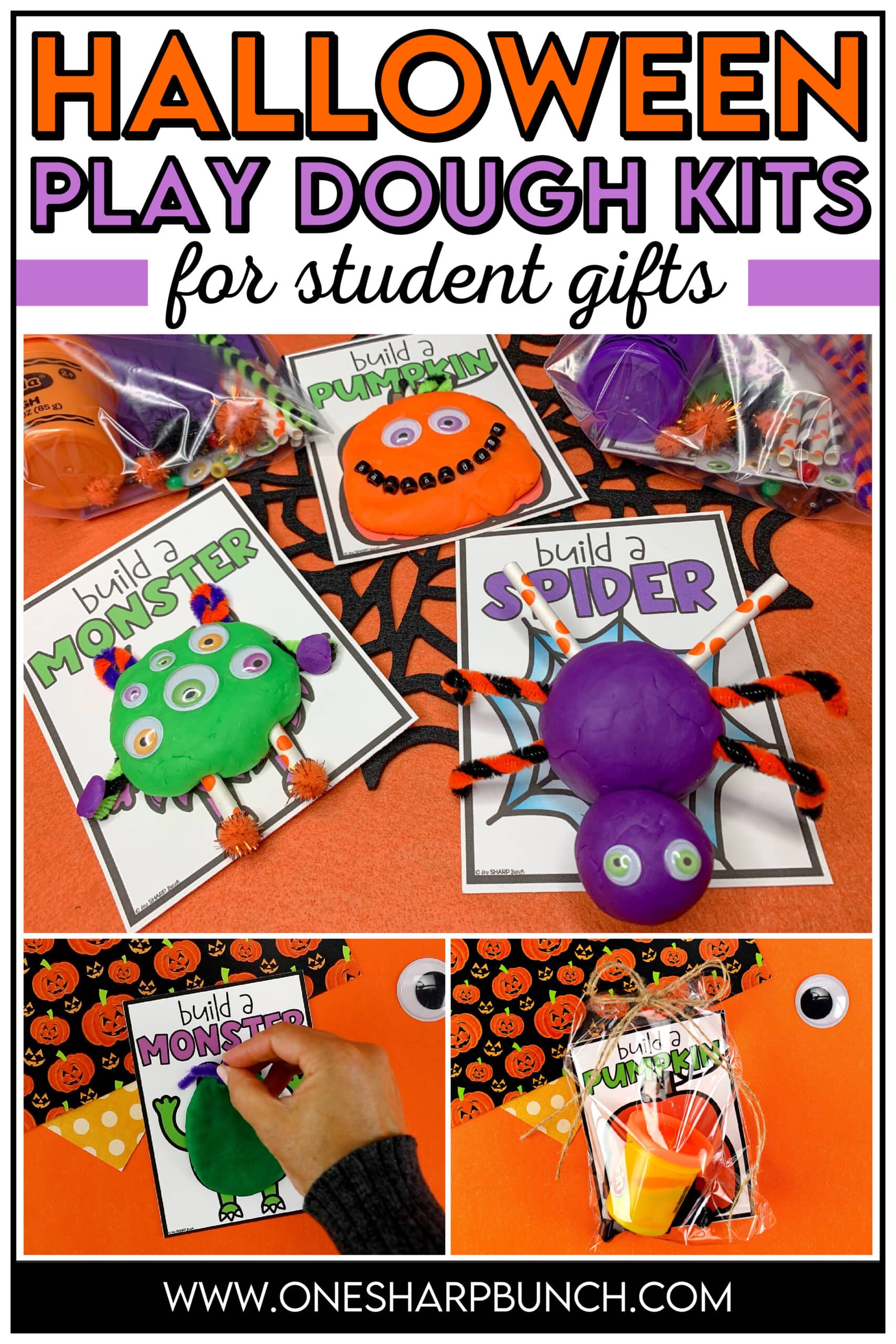 Build fine motor skills and boost imaginative play with these individual Halloween play dough kits for kids! This Halloween party activity serves as both a Halloween craft and a Halloween sensory activity. Students will create their own Halloween creatures using the Halloween play dough mats. These play dough kits also make a perfect non-candy Halloween student gift. Your preschool, kindergarten and first grade students will love this sensory play activity during your Halloween party stations!