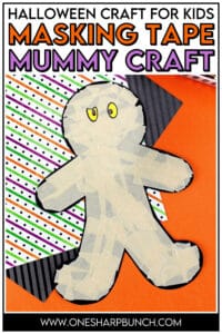 Add this masking tape mummy craft to your list of Halloween party activities! This Halloween craft is a great opportunity to enhance fine motor skills as your students tear and stick masking tape to their FREE mummy template. This mummy craft is perfect for your Halloween centers during your classroom Halloween party in preschool, kindergarten, or first grade. Pair this Halloween craft with your favorite Halloween books this October. Plus, this fall craft makes a cute Halloween bulletin board!